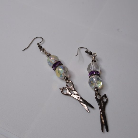 Vintage Glass Bead Metal Scissors Dangle Earrings - Picture 13 of 15